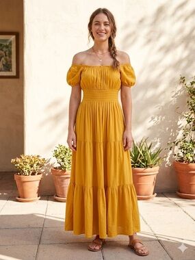 Mustard Yellow Puff-Sleeve Maxi Dress - Women